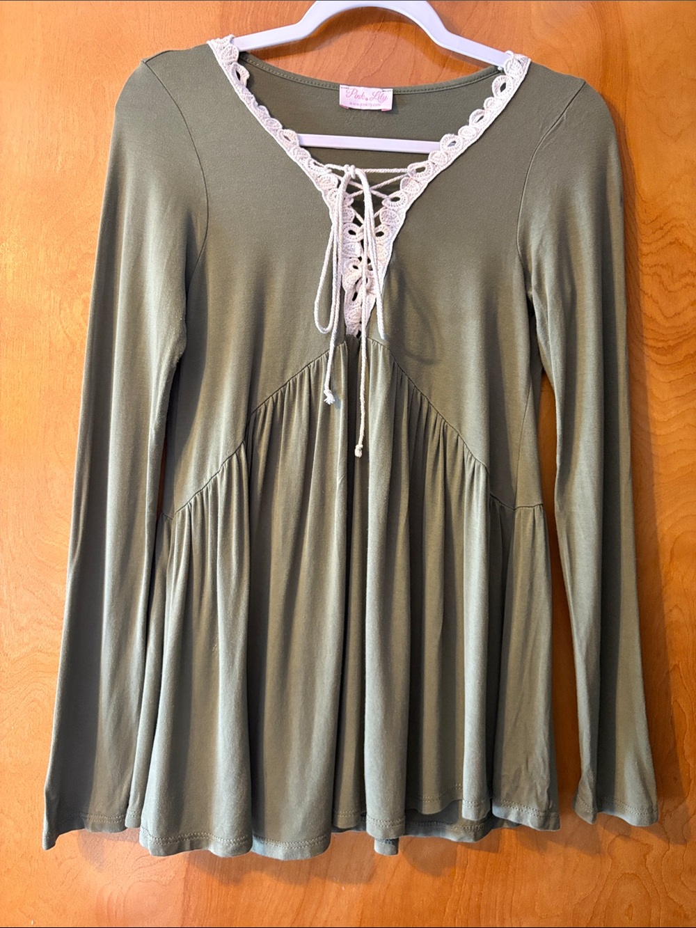 Pink Lily Olive Lace-Up Baby Doll Top  with Cream Trim Medium